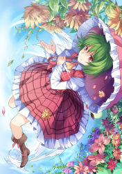 Rule 34 | 1girl, ascot, bad id, bad pixiv id, boots, flower, green hair, juliet sleeves, kazami yuuka, long sleeves, moca (pico1987), open clothes, open vest, parasol, pico (picollector79), puffy sleeves, red eyes, shirt, skirt, skirt set, smile, solo, touhou, umbrella, vest