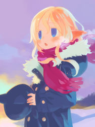 Rule 34 | 1girl, blonde hair, blue coat, blue eyes, blush, breath, buttons, coat, double-breasted, enpera, fur-trimmed coat, fur trim, harada takehito, hat, holding, holding clothes, holding hat, hood, hooded coat, long hair, long sleeves, open mouth, original, outdoors, pointy ears, red scarf, scarf, short hair with long locks, sidelocks, sky, solo, unworn hat, unworn headwear, upper body, winter, winter clothes