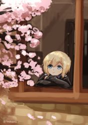 Rule 34 | 1girl, bad id, bad twitter id, blonde hair, blue eyes, bob cut, cherry blossoms, crossed arms, erica hartmann, kodamari, long sleeves, short hair, solo, strike witches, twitter username, window, world witches series