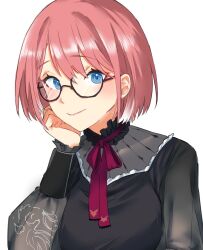 Rule 34 | 1girl, black shirt, blouse, blue eyes, blush, breasts, collar, frilled collar, frills, glasses, hand on own cheek, hand on own chin, hand on own face, highres, hololive, karakr shin, large breasts, light blush, light smile, looking at viewer, necktie, pink hair, see-through, see-through sleeves, shirt, short hair, smile, solo, takane lui, takane lui (3rd costume), virtual youtuber, white background