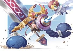 Rule 34 | belt, blue eyes, blue hair, digimon, digimon (creature), headgear, highres, minervamon, minervamon x-antibody, musical note, scar, shield, sirenmon, sword, tongue, tongue out, weapon, wings