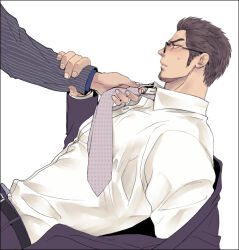 Rule 34 | 2boys, bara, black suit, brown hair, facial hair, formal, glasses, goatee, hand on another&#039;s arm, jacket, jacket partially removed, kamatantantan, kiryu kazuma, looking at another, male focus, mature male, multiple boys, muscular, muscular male, necktie, necktie grab, neckwear grab, out of frame, pectorals, profile, ryuu ga gotoku (series), ryuu ga gotoku 7 gaiden, shirt, short hair, sideburns, simple background, striped suit, suit, sweatdrop, upper body, white background, white shirt