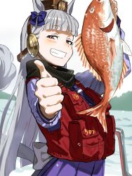 Rule 34 | 1girl, animal, animal ears, arm up, bass (fish), blunt bangs, blush, brown hat, fish, gold ship (umamusume), grey hair, grin, hat, highres, holding, holding animal, holding fish, horse ears, horse girl, horse tail, koppe koppe, long hair, long sleeves, looking at viewer, looking to the side, outdoors, outstretched arm, pink eyes, pouch, purple shirt, purple skirt, reaching, reaching towards viewer, red vest, school uniform, shirt, skirt, smile, solo, standing, tail, thumbs up, tracen school uniform, umamusume, upper body, vest, water