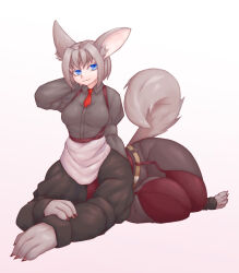Rule 34 | 1girl, animal ear fluff, animal ears, apron, arm behind head, arm up, black pants, blue eyes, breasts, centauroid, claws, closed mouth, collared shirt, commentary request, dog ears, dog girl, dog tail, four legs, full body, grey hair, grey shirt, hair between eyes, highres, kozuka (dilettante), long sleeves, looking at viewer, maid, medium breasts, monster girl, necktie, no humans, original, pants, puffy long sleeves, puffy sleeves, red necktie, red vest, shirt, short hair, sidelocks, simple background, sitting, smile, solo, stirrup legwear, tail, taur, toeless legwear, vest, white apron