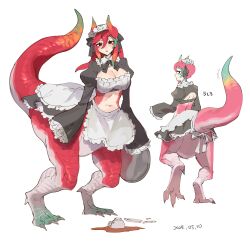 Rule 34 | 1girl, :o, absurdres, apron, black dress, breasts, broken, brown eyes, center opening, claws, colored tips, cup, dated, dragon girl, dragon horns, dragon tail, dress, drink, dropped food, frilled sleeves, frills, full body, green hair, highres, holding, holding tray, horns, large breasts, long sleeves, looking at viewer, looking back, maid, maid apron, maid headdress, monster girl, multicolored hair, multiple views, open mouth, orange hair, original, plate, red hair, red horns, red scales, sakoku (oyatsu3ji ), scales, simple background, standing, tail, teacup, tray, waist apron, walking, white apron, white background, wide sleeves