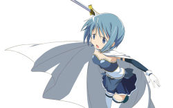 Rule 34 | 10s, 1girl, blue eyes, blue hair, cape, female focus, magical girl, mahou shoujo madoka magica, matching hair/eyes, miki sayaka, miki sayaka (magical girl), moritan, open mouth, short hair, simple background, skirt, solo, sword, thighhighs, weapon, white background, white thighhighs