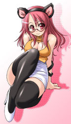 Rule 34 | 1girl, animal ears, black thighhighs, breasts, cleavage, cleavage cutout, clothing cutout, fake animal ears, full body, glasses, high heels, large breasts, original, pencil skirt, pink eyes, pink hair, pumps, shoes, skirt, solo, thighhighs, tonpuu