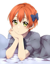 Rule 34 | 10s, 1girl, blush, bow, hair bow, head rest, highres, hoshizora rin, love live!, love live! school idol project, md5 mismatch, orange hair, own hands together, sekina, short hair, simple background, solo, white background