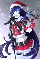 Rule 34 | 10s, 1girl, abyssal ship, alternate costume, bad id, bad pixiv id, belt, black hair, blue eyes, breasts, capelet, christmas, commentary request, fur trim, gauntlets, glowing, glowing eyes, hat, highres, holding, holding microphone, kantai collection, light cruiser oni, long hair, microphone, microphone stand, midriff, music, navel, one eye closed, open mouth, red skirt, santa costume, santa hat, singing, skirt, smile, solo, star (symbol), weasel (close-to-the-edge)