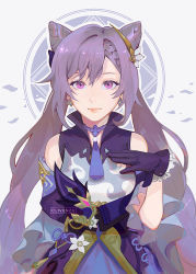 Rule 34 | 1girl, artist name, bare shoulders, braid, braided bangs, clivenzu, closed mouth, cone hair bun, double bun, earrings, genshin impact, gloves, hair bun, hand up, jewelry, keqing (genshin impact), long hair, looking at viewer, necktie, pink lips, purple eyes, purple gloves, purple hair, purple necktie, purple skirt, short necktie, skirt, smile, solo, twintails, upper body, very long hair