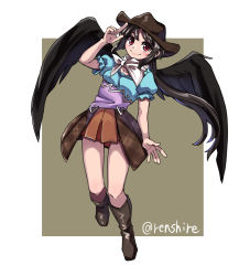 Rule 34 | 1girl, bandana, black hair, black wings, blue dress, blush, boots, border, breasts, brown background, brown dress, brown headwear, closed mouth, commentary request, cowboy boots, cowboy hat, cowboy western, dress, feathered wings, full body, hat, highres, horse girl, horse tail, kurokoma saki, medium breasts, multicolored clothes, multicolored dress, one-hour drawing challenge, pegasus wings, pink dress, ponytail, puffy short sleeves, puffy sleeves, red eyes, renshirenji, shirt, short sleeves, smile, tail, touhou, white bandana, white border, wings
