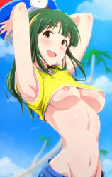 Rule 34 | 1girl, :d, arched back, armpits, arms up, ball, beachball, blouse, blue sky, blunt bangs, blurry, blush, breasts, brown eyes, cloud, crop top, crop top overhang, day, depth of field, green hair, groin, highres, holding, holding ball, idolmaster, idolmaster (classic), long hair, looking at viewer, medium breasts, mole, mole under mouth, navel, nipple slip, nipples, no bra, open mouth, otonashi kotori, palm tree, ponytail, shiny skin, shirt, sky, sleeveless, sleeveless shirt, smile, solo, stomach, sweat, tareme, tengu (tetuo kun), tree, two-handed, underboob, yellow shirt