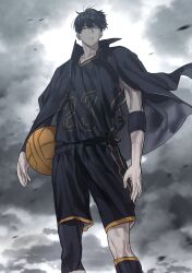 Rule 34 | 1boy, absurdres, armband, ball, basketball (object), basketball jersey, basketball uniform, black armband, black cloak, black eyes, black hair, black shorts, black tank top, chamuring, choi jongsu, cloak, debris, feet out of frame, garbage time, grey sky, highres, holding, holding ball, looking at viewer, male focus, short hair, shorts, sky, solo, sportswear, tank top, toned, toned male