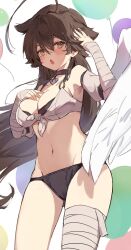 Rule 34 | 1girl, ahoge, bandaged arm, bandaged leg, bandages, bare shoulders, bikini, black bikini, blush, brown eyes, brown hair, character request, collar, copyright request, cowboy shot, gluteal fold, hand on own chest, heart, heart-shaped lock, heart in eye, highres, lock, long hair, looking at viewer, multicolored background, navel, open mouth, orobou, padlock, single wing, solo, stomach, swimsuit, symbol in eye, two-tone bikini, very long hair, virtual youtuber, white bikini, white wings, wings