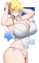 Rule 34 | 1girl, absurdres, ahoge, arind yudha, armpits, arms up, artoria pendragon (all), artoria pendragon (fate), artoria pendragon (swimsuit ruler) (fate), artoria pendragon (swimsuit ruler) (second ascension) (fate), blonde hair, blush, braid, breast cutout, breasts, cleavage, cleavage cutout, clothing cutout, covered navel, fate/grand order, fate (series), french braid, green eyes, hair between eyes, highres, huge breasts, jewelry, large breasts, looking at viewer, navel, necklace, one-piece swimsuit, sidelocks, skindentation, solo, swimsuit, thick thighs, thighs, white one-piece swimsuit