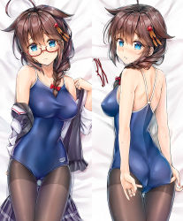 Rule 34 | 1girl, ahoge, arena (company), ass, bare shoulders, bespectacled, black jacket, black pantyhose, blue eyes, blush, braid, brand name imitation, breasts, brown hair, closed mouth, clothes around waist, collarbone, competition school swimsuit, covered erect nipples, dakimakura (medium), glasses, hair flaps, hair ornament, hand under clothes, highres, impossible clothes, jacket, jacket around waist, jewelry, kantai collection, koyuki (kotatsu358), long hair, looking at viewer, lying, medium breasts, multiple views, on back, on stomach, one-piece swimsuit, pantyhose, pantyhose under swimsuit, parted lips, remodel (kantai collection), ring, school swimsuit, shigure (kancolle), shirt, sideboob, swimsuit, thighband pantyhose, wedding band, white shirt