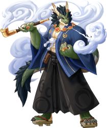 Rule 34 | artist request, bag, black hair, cloud, colored skin, dragon boy, furry, furry male, gem, green skin, gyee, hakama, highres, japanese clothes, jewelry, kimono, looking at viewer, muscular, muscular male, necklace, official art, open clothes, open kimono, ring, sandals, scales, simple background, smoke, smoking, smoking pipe, spiked hair, taneleer (gyee), thick eyebrows, transparent background, yellow eyes, yukata