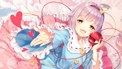 Rule 34 | 1girl, :d, alternate eye color, artist name, bad id, bad pixiv id, blue shirt, blush, collarbone, commentary request, crossover, floral print, frilled shirt collar, frilled sleeves, frills, hair ornament, hairband, heart, heart hair ornament, holding, komeiji satori, long sleeves, looking at viewer, nunucco, open mouth, outstretched arm, petticoat, pink hair, pink skirt, red eyes, red hairband, ribbon-trimmed collar, ribbon trim, shirt, short hair, signature, skirt, slit pupils, smile, solo, sparkle, third eye, touhou, wide sleeves, yellow eyes, zoom layer