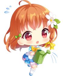 Rule 34 | 1girl, :o, blue dress, blue footwear, blush, bow, bowtie, brown hair, commentary, daisy, dress, english commentary, flower, flying sweatdrops, full body, green bow, hair bow, hair flower, hair ornament, hair ribbon, hitsukuya, holding, leaf, leaf hair ornament, love live!, love live! school idol festival, love live! sunshine!!, puffy short sleeves, puffy sleeves, red eyes, ribbon, short hair, short sleeves, simple background, socks, solo, standing, standing on one leg, takami chika, tress ribbon, unfinished, watering can, white background, white socks, yellow bow, yellow bowtie, yellow ribbon