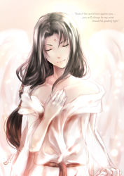 Rule 34 | 1boy, androgynous, angel wings, bare shoulders, black hair, chalollita, closed eyes, closed mouth, collarbone, facial mark, fire emblem, fire emblem: path of radiance, fire emblem: radiant dawn, forehead mark, long hair, male focus, nintendo, smile, solo, soren (fire emblem), tunic, upper body, wings