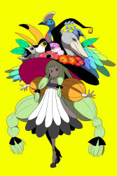 Rule 34 | 1girl, absurdly long hair, animal, animal on head, bird, bird on head, black pantyhose, boots, braid, dress, flower, green hair, hair ribbon, hat, hat flower, hibiscus, high heels, highres, ken (koala), long hair, on head, original, outstretched arms, pantyhose, peacock, pink eyes, platform footwear, puffy sleeves, red eyes, ribbon, shoes, sidelocks, simple background, smile, solo, toucan, twin braids, very long hair, witch hat, yellow background
