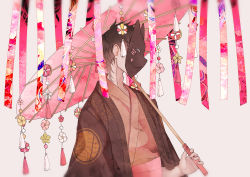 Rule 34 | 1boy, adam&#039;s apple, black mask, blurry, brown hair, commentary request, covered face, floral print, fox mask, from side, haori, highres, holding, holding umbrella, japanese clothes, kimono, male focus, mask, obi, oil-paper umbrella, original, over shoulder, pink background, pink kimono, pink ribbon, pink sash, pink umbrella, print ribbon, ribbon, sash, short hair, simple background, solo, tassel, umbrella, upper body, yagate149