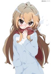 Rule 34 | 1girl, absurdres, aisaka taiga, blush, brown eyes, closed mouth, coat, hair between eyes, hand in pocket, highres, light brown hair, long hair, long sleeves, looking at viewer, red scarf, revision, scarf, simple background, smile, solo, toradora!, twitter username, upper body, white background, white coat, white gorilla (okamoto), winter clothes