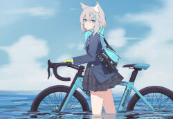 Rule 34 | 1girl, animal ear fluff, bag, bicycle, black skirt, blue archive, blue eyes, blue jacket, blush, buttoned cuffs, buttons, cloud, cross hair ornament, gloves, green gloves, grey hair, hair ornament, jacket, long sleeves, looking at viewer, looking to the side, mismatched pupils, outdoors, parted lips, partially submerged, plaid, plaid skirt, scarf, school bag, shiroko (blue archive), short hair, shoulder bag, skirt, solo, suimz, water, wet