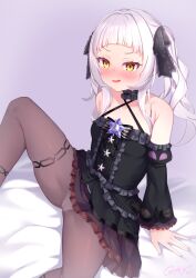 Rule 34 | 1girl, :d, ass, bare shoulders, blush, cameltoe, cleft of venus, detached sleeves, dress, frills, gmkj, highres, hololive, murasaki shion, murasaki shion (gothic lolita), open mouth, panties, panties under pantyhose, pantyhose, purple pantyhose, sitting, smile, solo, spread legs, thigh strap, twintails, underwear, virtual youtuber, white hair, white panties, yellow eyes