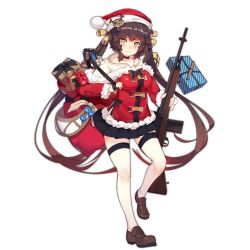 Rule 34 | 1girl, battle rifle, bell, black hair, black skirt, blush, breasts, christmas, coat, commentary request, full body, gift, girls&#039; frontline, gun, hat, long hair, looking at viewer, m14, m14 (girls&#039; frontline), m14 (xmas parade) (girls&#039; frontline), medium breasts, official alternate costume, official art, rain lan, red coat, red hat, ribbon, rifle, sack, santa hat, shirt, skirt, smile, solo, thighhighs, transparent background, twintails, weapon, white shirt, white thighhighs, yellow eyes