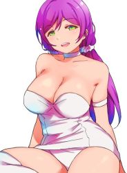 Rule 34 | 1girl, bare shoulders, breasts, choker, cleavage, collarbone, duke (inu daimyou), green eyes, hair ornament, hair scrunchie, large breasts, long hair, love live!, love live! school idol project, low twintails, open mouth, purple hair, scrunchie, simple background, smile, solo, teeth, tojo nozomi, twintails, upper teeth only, white background, white choker, white scrunchie