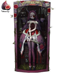 Rule 34 | 1girl, absurdres, black footwear, bug, doll joints, english text, eyepatch, fig, fishnet thighhighs, fishnets, full body, highres, holding, holding knife, hook, insect, joints, knife, long hair, moth, original, personification, purple eyes, purple hair, purple thighhighs, rinotuna, shadow, shoes, silk, solo, spider web, standing, tagme, thighhighs, wrench