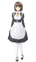 Rule 34 | 1girl, absurdres, apron, black footwear, black skirt, blue ribbon, blush, breasts, brown eyes, brown hair, cleavage, closed mouth, detached collar, frilled apron, frilled skirt, frills, full body, highres, long sleeves, looking at viewer, maid, maid headdress, medium skirt, neck ribbon, original, pleated skirt, ribbon, shiny skin, short hair, simple background, skirt, skirt hold, small breasts, smile, solo, standing, waist apron, white apron, white background, white legwear, yurugumo