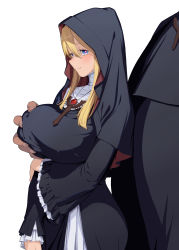 Rule 34 | 1boy, 1girl, absurdres, blonde hair, blue eyes, blush, grabbing another&#039;s breast, breasts, grabbing, grabbing from behind, habit, heart, highres, hood, large breasts, long hair, long sleeves, nun, original, pastime774, simple background, solo focus, symbol-shaped pupils, white background, wide sleeves
