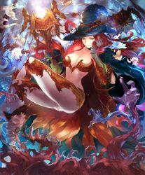 Rule 34 | 10s, 1girl, artist request, breasts, cape, cygames, distaster witch, gloves, hand on own face, hat, long hair, midriff, official art, red eyes, red hair, revealing clothes, shadowverse, shingeki no bahamut, staff, witch, witch hat