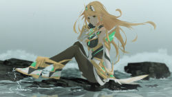 Rule 34 | 1girl, 3d, armor, black pantyhose, blonde hair, boots, breasts, dress, elbow gloves, gloves, gmod, highres, large breasts, long hair, looking sideways, matching hair/eyes, mythra (massive melee) (xenoblade), mythra (xenoblade), nintendo, pantyhose, sculp2, shoulder armor, solo, thighhighs, very long hair, water, xenoblade chronicles (series), xenoblade chronicles 2, yellow eyes