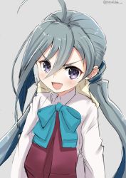 Rule 34 | &gt;:d, 10s, 1girl, :d, ahoge, blue hair, blush, bow, bowtie, commentary request, dress, grey hair, hair between eyes, kantai collection, kiyoshimo (kancolle), long hair, looking at viewer, low twintails, multicolored hair, nayuhi (yukimuu14), open mouth, purple eyes, shirt, sleeveless, sleeveless dress, smile, solo, twintails, twitter username, v-shaped eyebrows, white shirt
