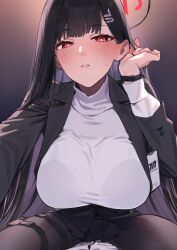 Rule 34 | 1girl, 92m, adjusting hair, black hair, black jacket, black pantyhose, black skirt, black suit, blue archive, blush, breasts, formal, hair ornament, hairclip, halo, highres, jacket, large breasts, leaning forward, long hair, long sleeves, looking at viewer, miniskirt, pantyhose, parted lips, pleated skirt, red eyes, ribbed sweater, rio (blue archive), sitting, skirt, solo, suit, sweater, thigh strap, thighs, turtleneck, turtleneck sweater, very long hair, white sweater