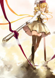 Rule 34 | 10s, 1girl, beret, blonde hair, boots, brown thighhighs, closed eyes, detached sleeves, drill hair, fingerless gloves, foreshortening, from behind, from below, gloves, gun, hair ornament, hairpin, hat, highres, long hair, magical girl, magical musket, mahou shoujo madoka magica, mahou shoujo madoka magica (anime), okishi jien, okishiji en, pleated skirt, puffy sleeves, ribbon, rifle, skirt, smile, solo, standing, striped clothes, striped thighhighs, thighhighs, tomoe mami, traditional media, twin drills, twintails, vertical-striped clothes, vertical-striped thighhighs, weapon, zettai ryouiki
