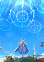 Rule 34 | 1boy, arm up, blonde hair, blue eyes, cape, constellation, fantasy tree (fate), fate/grand order, fate (series), formal, full body, gloves, glowing, hexagram, highres, holding, holding staff, kirschtaria wodime, long hair, male focus, pants, pointing, pointing up, saint quartz (fate), scenery, sky, solo, staff, star (sky), starry sky, suit, ubwmitekure, white cape, white footwear, white gloves, white pants, white suit, wide shot, wind, wind lift