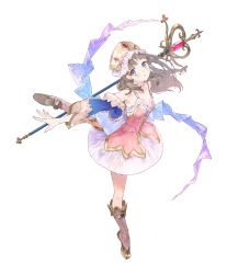 Rule 34 | 1girl, absurdres, atelier (series), atelier totori, bare shoulders, boots, breasts, brown hair, collarbone, cropped jacket, detached sleeves, dress, full body, headdress, highres, jacket, knee boots, leg up, long hair, looking at viewer, nelke to densetsu no renkinjutsushi tachi, noco (adamas), official art, open clothes, open jacket, parted lips, short dress, simple background, skirt, small breasts, solo, staff, standing, standing on one leg, totooria helmold, white background