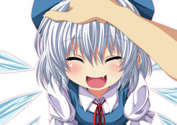 Rule 34 | 1girl, blush, bow, cirno, closed eyes, fang, hair bow, hand on another&#039;s head, hand on own head, head pat, headpat, ice, ice wings, ma-yu, open mouth, pov, pov hands, ribbon, short hair, silver hair, smile, solo focus, touhou, upper body, wings
