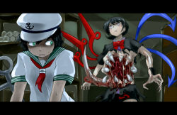 Rule 34 | 2girls, anchor, asymmetrical wings, black dress, black hair, blood, bow, claws, crossover, dress, fangs, female focus, green eyes, guro, hat, houjuu nue, intestines, letterboxed, multiple girls, murasa minamitsu, neckerchief, oso (toolate), parody, red eyes, sailor dress, sailor hat, short sleeves, sweat, the thing, the thing (2011), the thing (creature), torn clothes, torn dress, touhou, wings