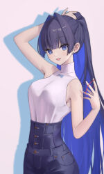 Rule 34 | 1girl, anouetto, blue eyes, blue hair, blunt bangs, breasts, cowboy shot, denim, fangs, hair intakes, hair ornament, hair tie, high-waist pants, hime cut, holding, holding hair, holding hair ornament, hololive, hololive english, jeans, large breasts, light blush, long hair, looking at viewer, official alternate costume, open mouth, ouro kronii, ouro kronii (casual), pants, ponytail, shadow, shirt, simple background, sleeveless, sleeveless shirt, solo, tying hair, very long hair, virtual youtuber, white background
