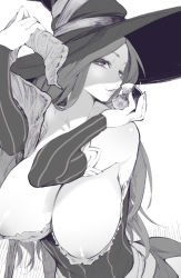 Rule 34 | 1girl, apple, bare shoulders, breasts, cleavage, detached sleeves, dragon&#039;s crown, food, fruit, hat, huge breasts, hyocorou, long hair, monochrome, nipple slip, nipples, solo, sorceress (dragon&#039;s crown), staff, witch hat