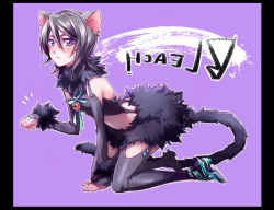 Rule 34 | amiya64k7, animal ears, bell, bleach, blush, cat ears, cat girl, cat tail, copyright name, emphasis lines, frown, full body, hair between eyes, high heels, kuchiki rukia, mirrored text, purple background, short hair, simple background, solo, tail, thighhighs