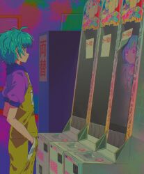 Rule 34 | 2girls, ahoge, arcade, arcade cabinet, blunt bangs, closed mouth, commentary request, copyright name, cowboy shot, different reflection, dual persona, from side, green hair, hand in pocket, highres, hood, hoodie, indoors, looking at another, multiple girls, omega auru, omega auru (primagista), paper, pretty series, profile, purple hoodie, reflection, short hair, short sleeves, standing, translation request, tsujii luki, waccha primagi!, yellow overalls