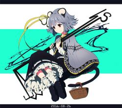 Rule 34 | 1girl, 2016, alternate costume, animal ears, aqua background, bad id, bad twitter id, basket, belt, belt buckle, black dress, black footwear, blue background, buckle, cape, dowsing rod, dress, full body, grey cape, grey hair, hair ribbon, holding, holding with tail, letterboxed, long sleeves, mouse (animal), mouse ears, mouse tail, nazrin, prehensile tail, red eyes, ribbon, shishi osamu, shoes, smile, solo, tail, touhou, white background, white legwear, yellow ribbon
