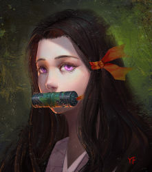 Rule 34 | 1girl, artist name, baschyf, bit gag, brown hair, commentary request, eyelashes, faux traditional media, gag, green background, hair ribbon, highres, japanese clothes, kamado nezuko, kimetsu no yaiba, kimono, long hair, looking at viewer, nose, pink eyes, portrait, ribbon, sidelighting, simple background, solo