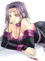 Rule 34 | 00s, 1girl, bare shoulders, blood, breasts, collar, detached sleeves, dress, fate/stay night, fate (series), large breasts, long hair, lowres, lying, medusa (fate), medusa (rider) (fate), on stomach, purple eyes, purple hair, solo, square pupils, strapless, strapless dress, very long hair